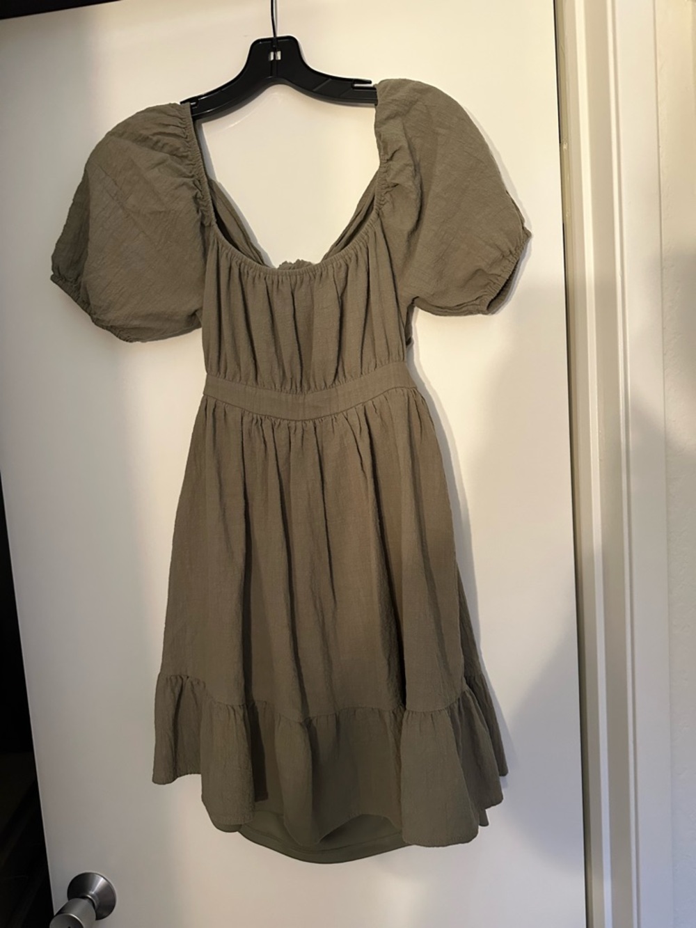 Olive Puff Sleeve textured Cotton Blend Dress open back lined size M